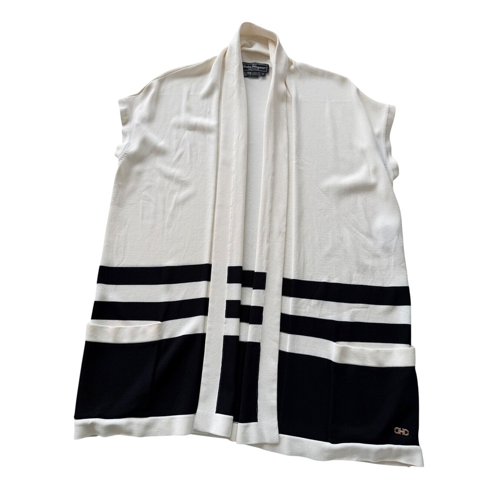 Salvatore Ferragamo Womens Knit Cardigan Vest Cream Black Striped Size S Italy